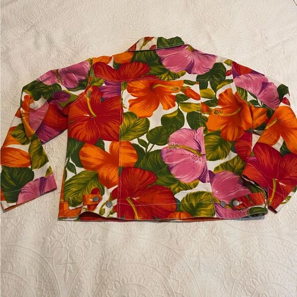 Chico’s Design size 0 Small Floral Tropical Hibiscus Pink & Orange Denim Jacket - Picture 10 of 12